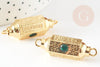 Pendentif Connecteur tube talisman zircon vert doré 18K 34mm BONHEUR, connecteur laiton pour créations bijoux bonheur, x1 G9237