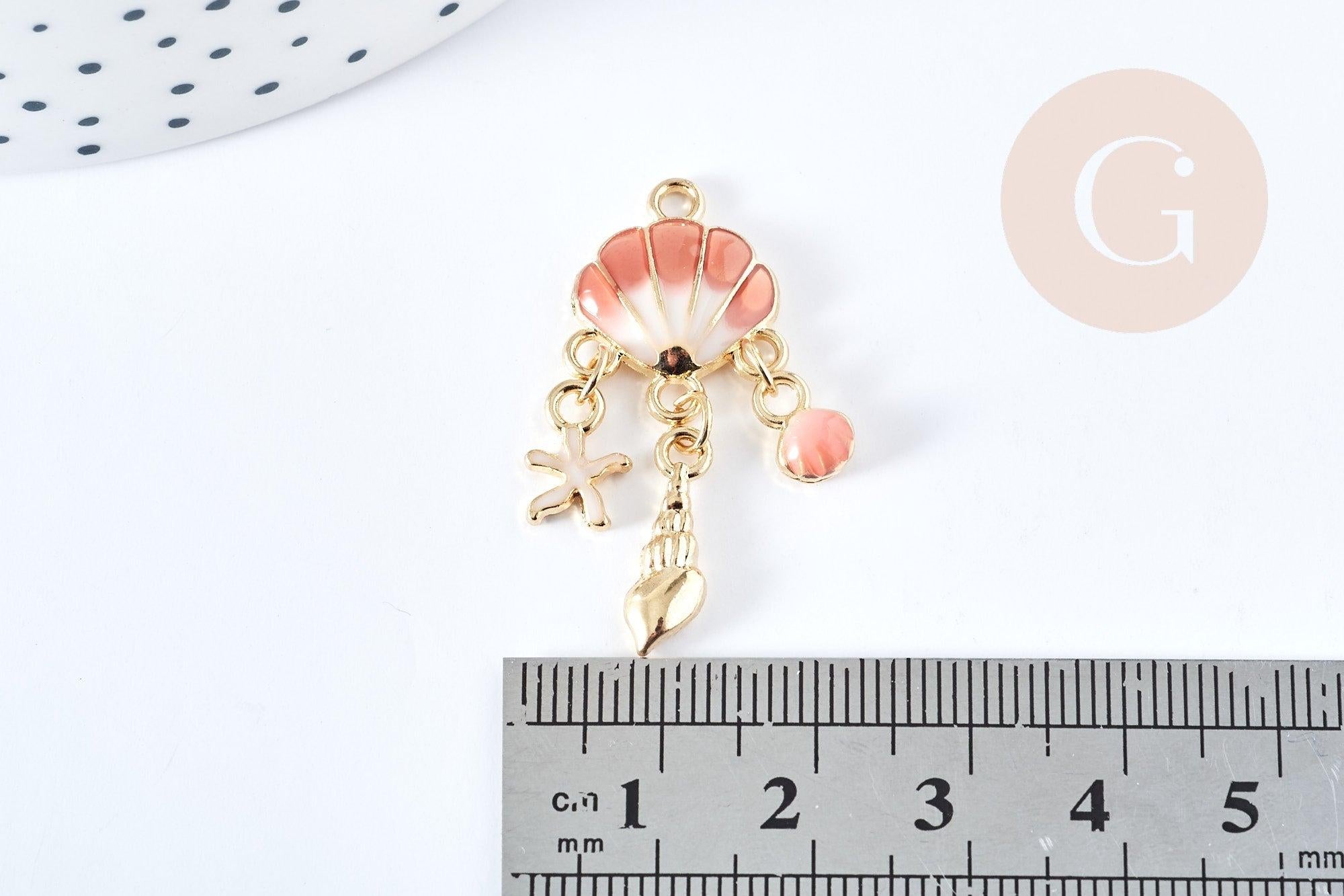 Pendentif Coquillage émail coloré zamac doré 35.5mm, Pendentif doré estival, x1 G8859