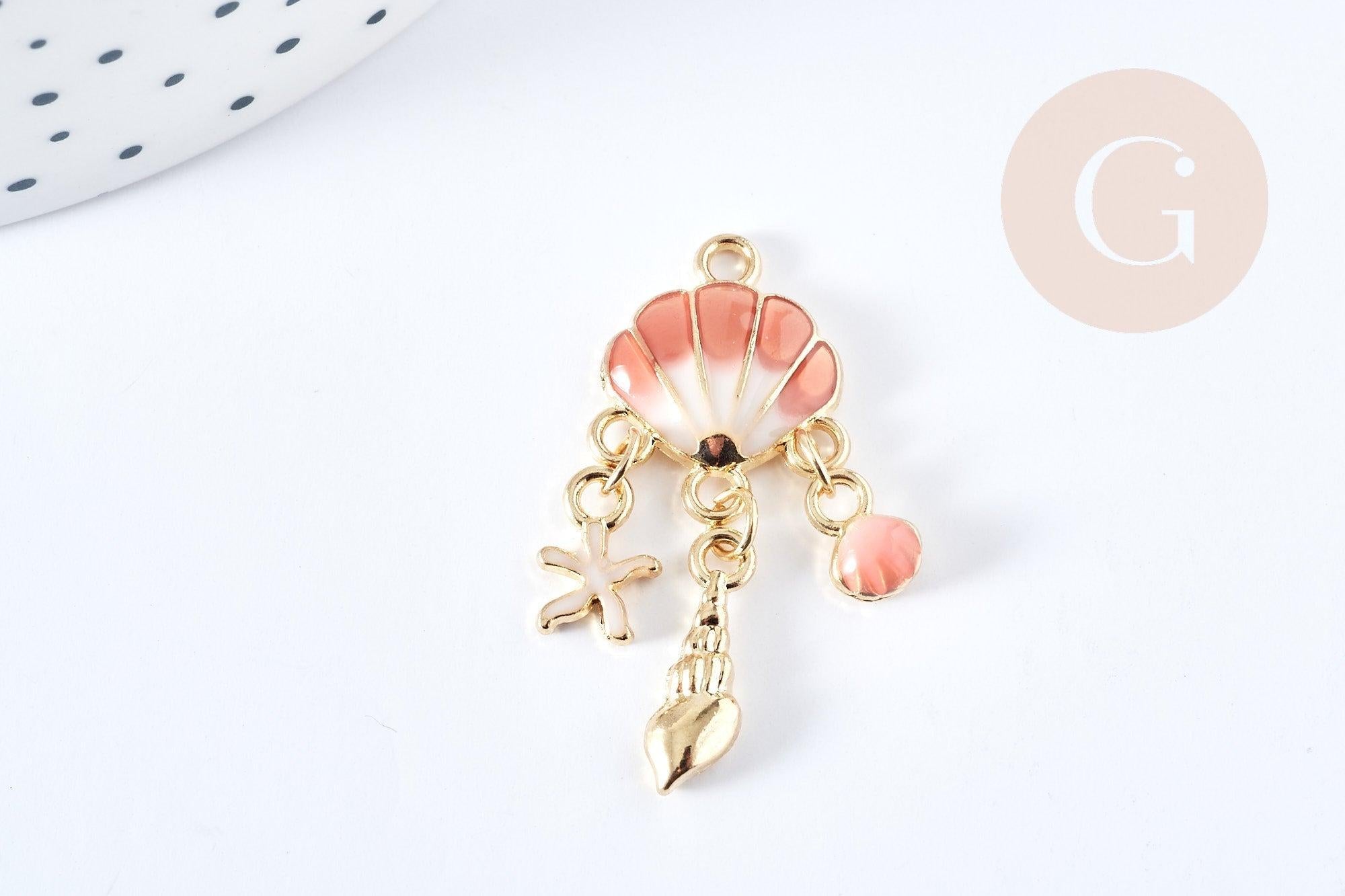 Pendentif Coquillage émail coloré zamac doré 35.5mm, Pendentif doré estival, x1 G8859