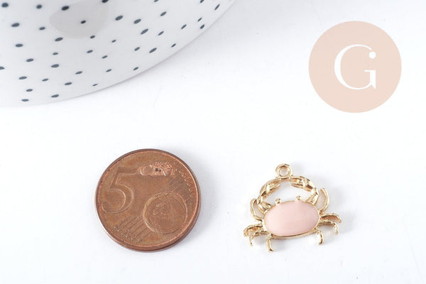 Pendentif Crabe zamac doré émail rose 15mm, x1 (G8991)