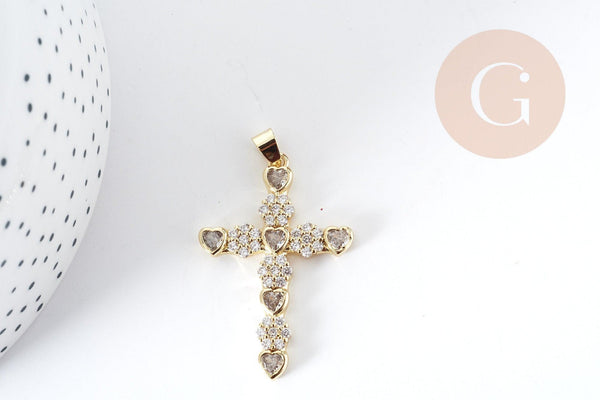 Pendentif Croix laiton doré zircons 41.5mm, x1 (G8996)