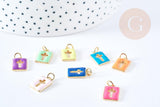 Pendentif Croix rectangulaire laiton doré émail coloré 14.5mm, pendentif fantaisie pour création de bijoux religieux , x1 G8869