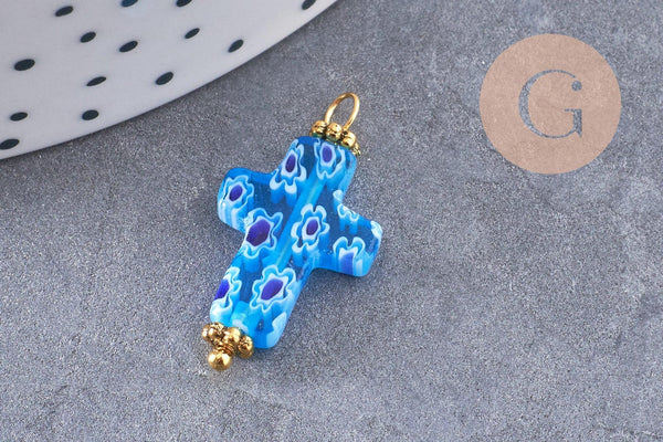 Pendentif Croix verre millefiori laiton et zamac doré 24.5mm, x1 (G9019)