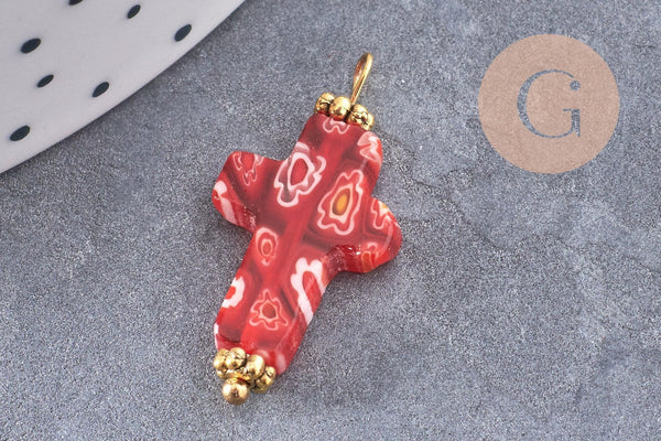 Pendentif Croix verre millefiori laiton et zamac doré 24.5mm, x1 (G9019)