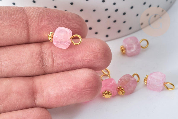 Pendentif Cube Agate naturelle rose pâle fer doré 14~16mm, pierre naturelle, x1 (G7971)