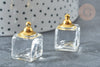 Pendentif Cube bouteille parfum verre transparent laiton doré 23mm, x1 (G7936)