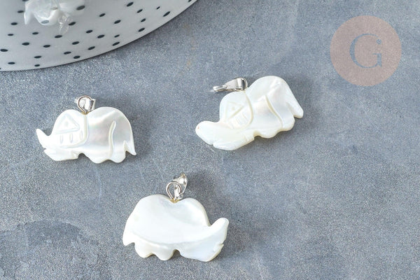 Pendentif Eléphant nacre blanche naturelle laiton platine 15~17mm,pendentif éléphant, création bijoux coquillage blanc, x1 G7857