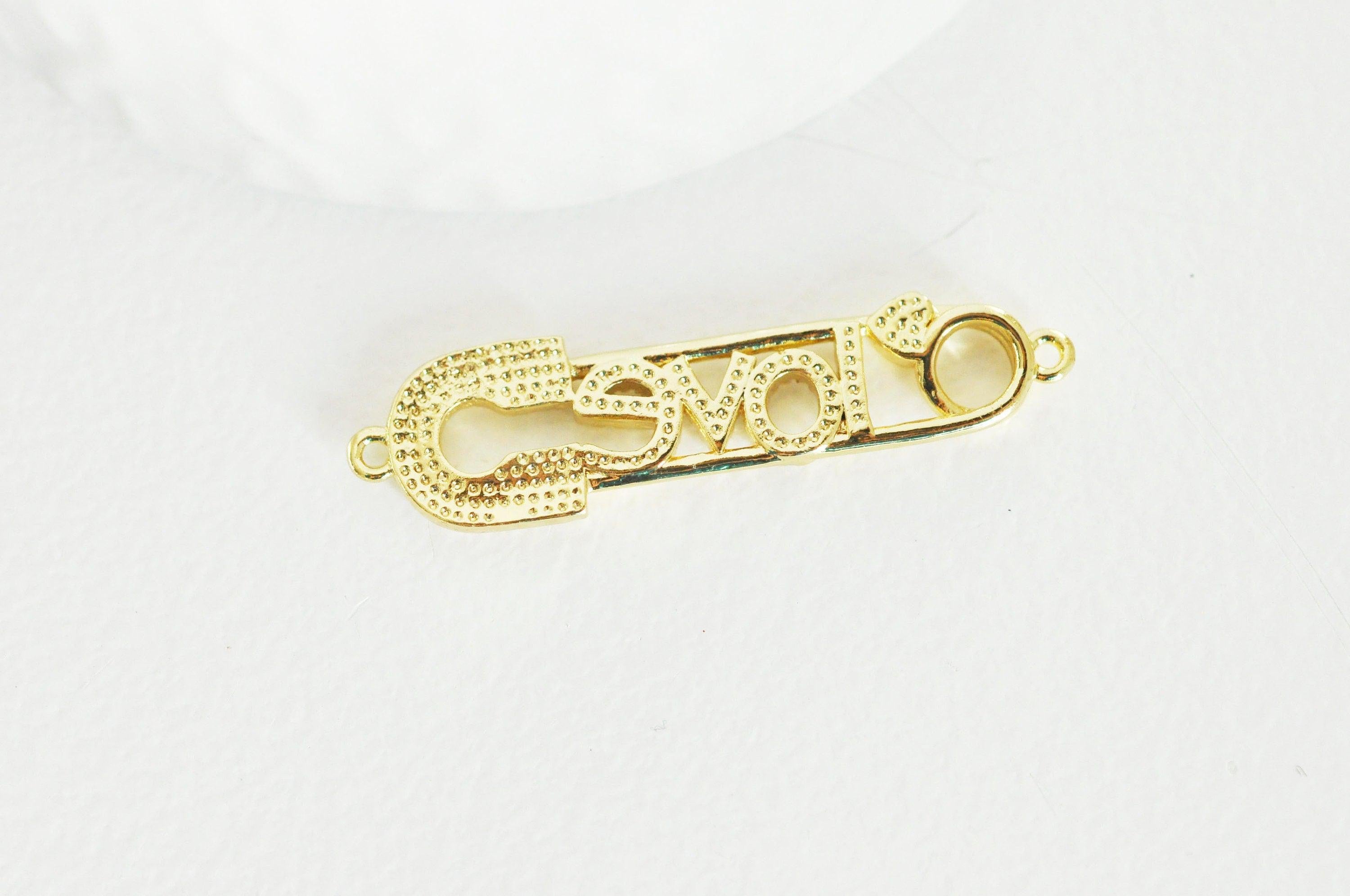 Pendentif Epingle à nourrice LOVE laiton doré 18k cristal,sans nickel,coeur bijoux,pendentif amour, Pendentif zircon,41mm x1 (G5321)