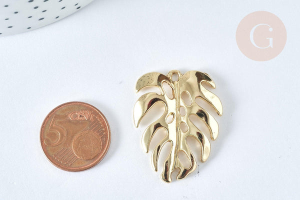 Pendentif Feuille Monstera zamac doré clair 34mm, feuille dorée pour création bijoux, x1 G7413