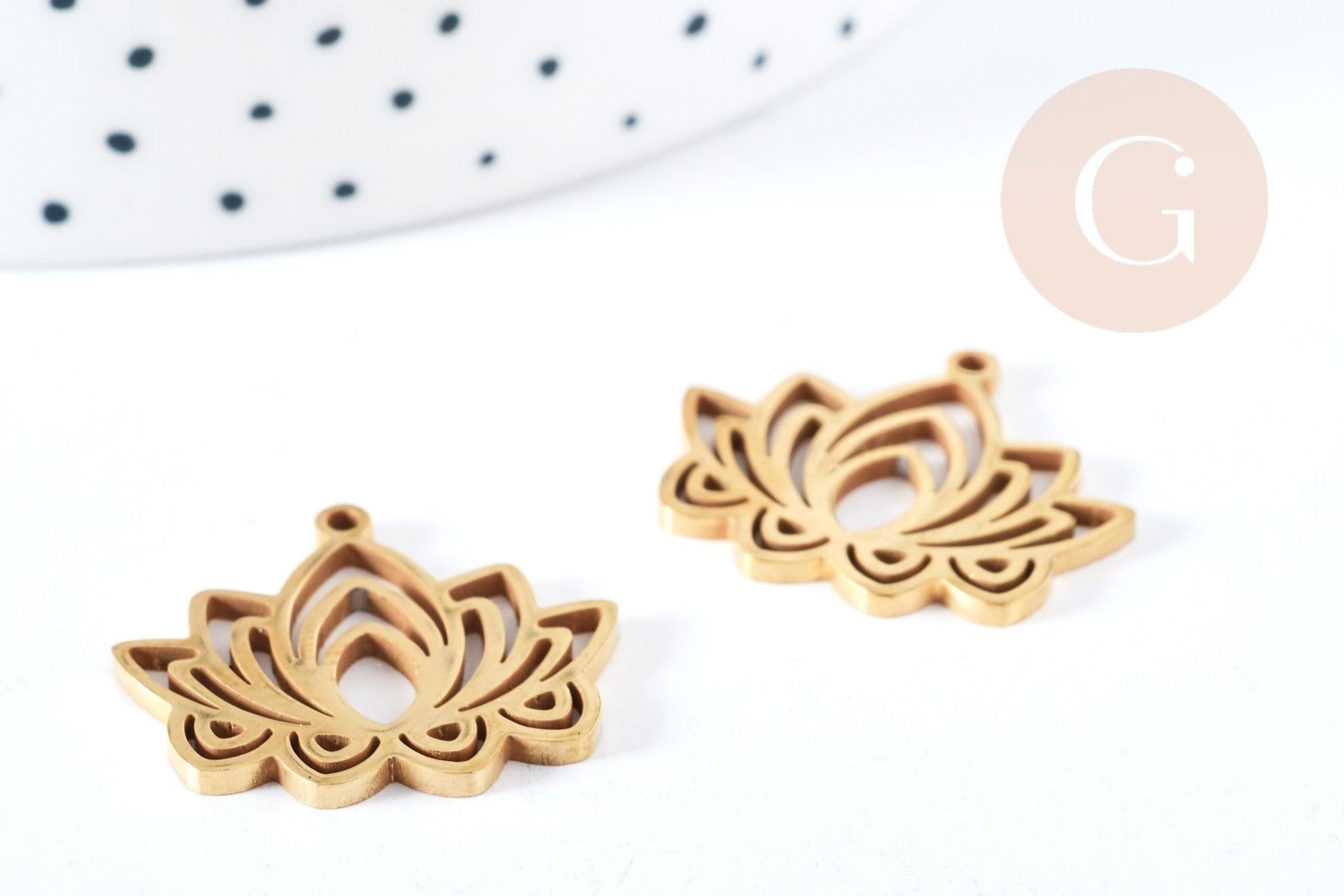 Pendentif Fleur de lotus acier 201 inoxydable doré 27mm, création bijoux acier inoxydable, x1 (G8726)