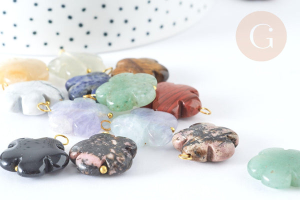 Pendentif Fleur en pierre naturelle laiton doré 24mm, création bijoux pierre naturelle, x1 (G7956)