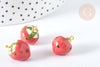 Pendentif Fraise porcelaine et laiton doré rouge 18~20mm, pendentif fruit , x1 G7450