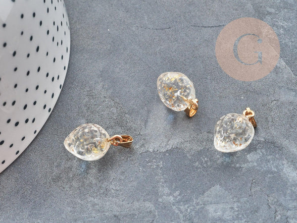 Pendentif Fraise verre transparent fer doré 17mm, collier pendentif , x1 (G9043)