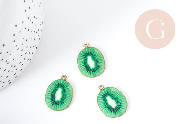 Pendentif Kiwi zamac doré émail vert 26.5mm, création bijoux fruits, x1 G9000
