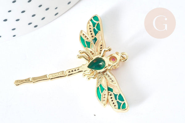 Pendentif Libellule insecte ailé laiton doré zircons 42mm, x1 (G8072)