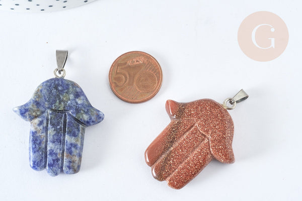 Pendentif Main de Fatma pierre mixte naturelle support laiton platine 41~45mm, pendentif main bijou pierre naturelle, x1 G7959