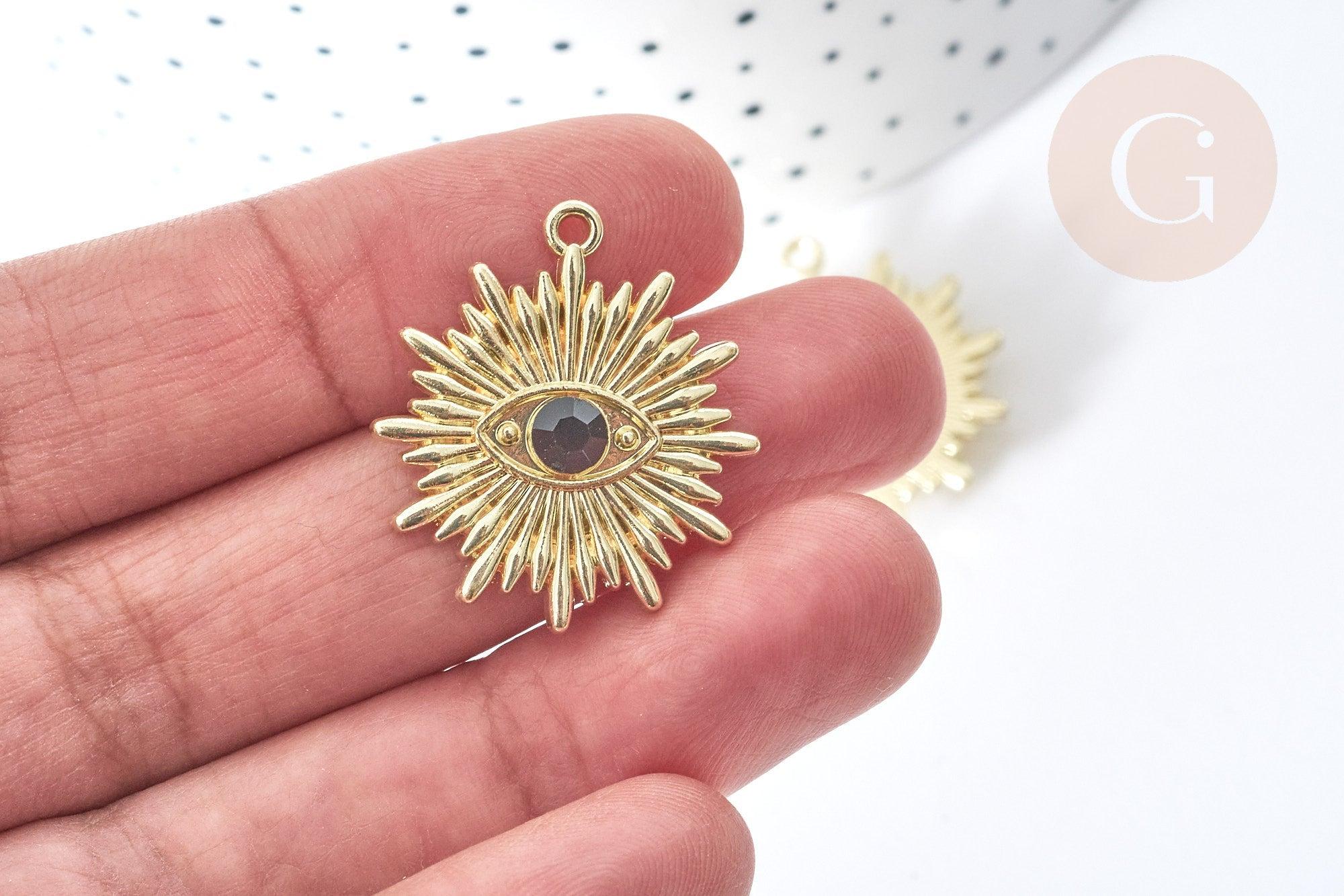 Pendentif Mauvais Oeil résine noire zamac doré 27,5mm, Pendentif zamac doré pour création bijou chance, x1 G8087