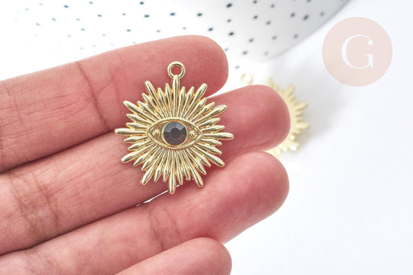 Pendentif Mauvais Oeil résine noire zamac doré 27,5mm, Pendentif zamac doré pour création bijou chance, x1 G8087