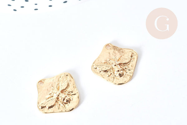 Pendentif Médaille martelée abeille laiton doré 19,5mm, pendentif insecte création bijoux, x1 G8077