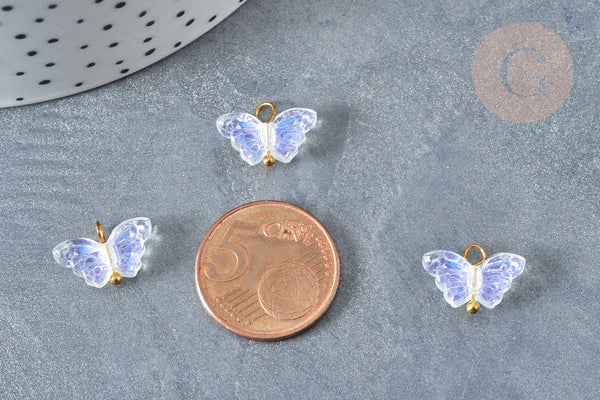 Pendentif Papillon verre transparent AB laiton doré 10mm, pendentif cristal, x5 ou x10 (G7843)