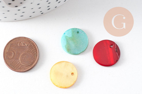 Pendentif Pastille ronde nacre multicolore opaque,pendentif nacre, coquillage naturel, nacre naturelle,16mm, x 10 (G2379)