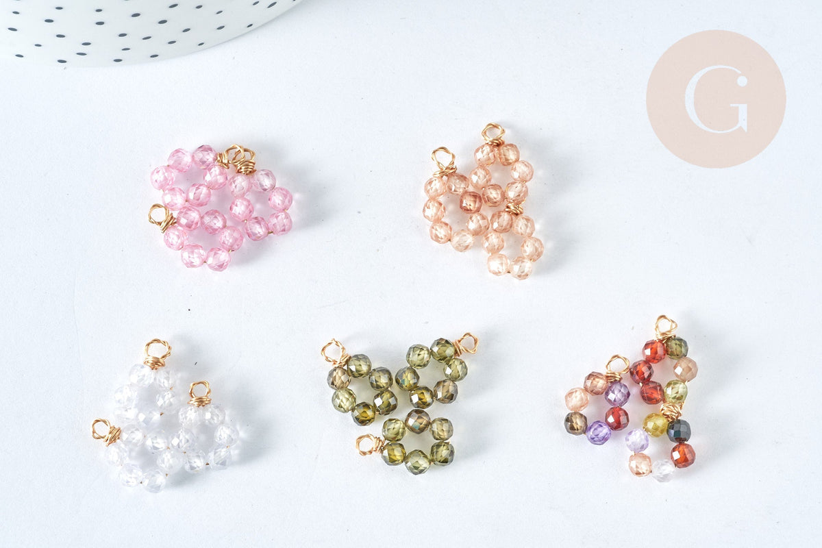 Pendentif Perles rondes facettées fleur cuivre doré zircons colorés 11,5mm,bijoux cristal, x1 (G7494)