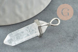 Pendentif Pointe support argenté pointe cristal transparent 40mm, pierre de synthèse, pendentif pierre, x1 G2539