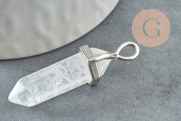 Pendentif Pointe support argenté pointe cristal transparent 40mm, pierre de synthèse, pendentif pierre, x1 G2539