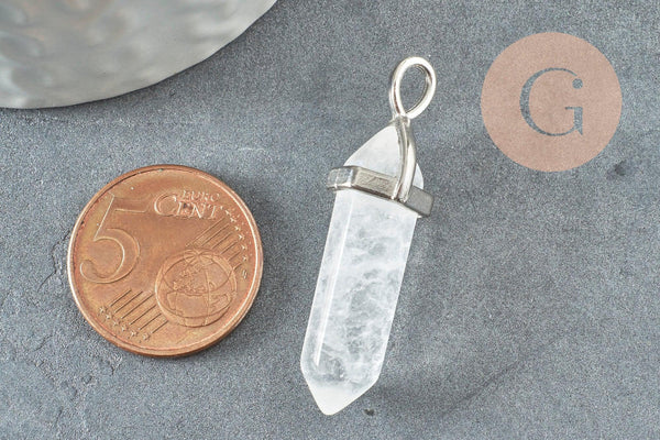 Pendentif Pointe support argenté pointe cristal transparent 40mm, pierre de synthèse, pendentif pierre, x1 G2539