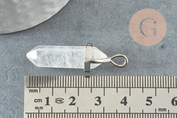 Pendentif Pointe support argenté pointe cristal transparent 40mm, pierre de synthèse, pendentif pierre, x1 G2539