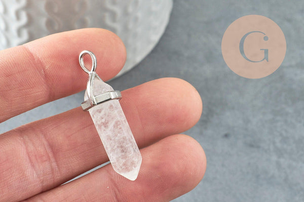 Pendentif Pointe support argenté pointe cristal transparent 40mm, pierre de synthèse, pendentif pierre, x1 G2539