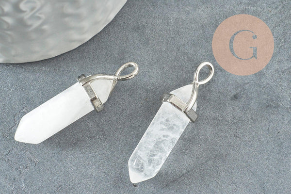 Pendentif Pointe support argenté pointe cristal transparent 40mm, pierre de synthèse, pendentif pierre, x1 G2539