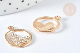 Pendentif Rond cœur zamac doré zircons blancs 22mm, création bijoux amour, x1 G7418