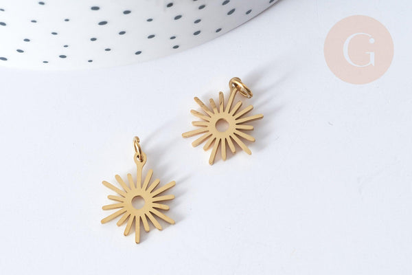 Pendentif Soleil acier 304 inoxydable doré 17.5mm, x1 (G7984)