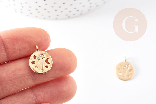 Pendentif Taureau lune et étoiles en zamac dore et zircons 17mm,pendentif médaille doré signe astrologique, x1 G3514