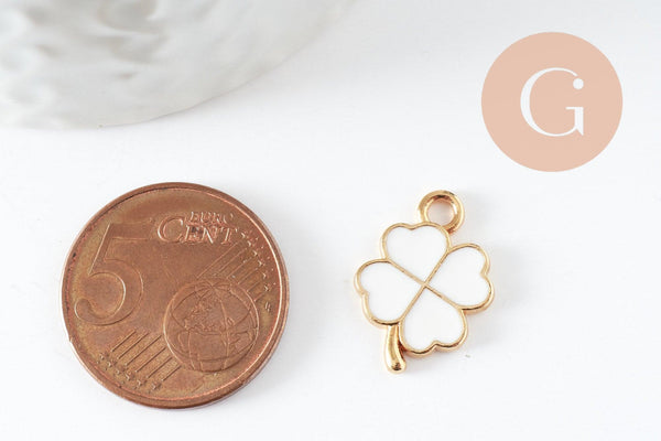 Pendentif Trèfle à 4 feuille zamac doré émail blanc 18mm, x2 (G5497)