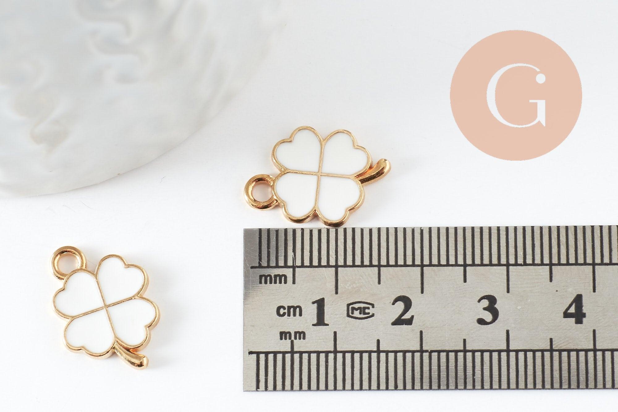 Pendentif Trèfle à 4 feuille zamac doré émail blanc 18mm, x2 (G5497)
