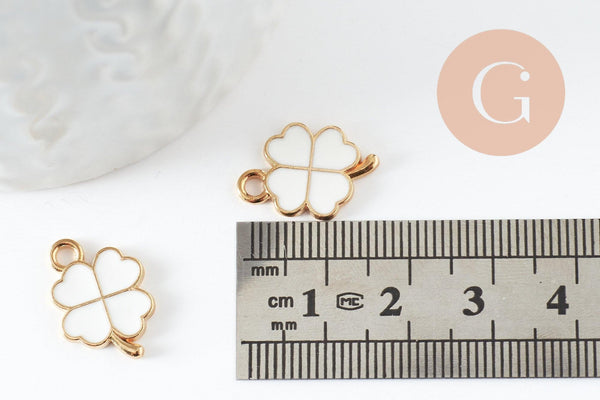 Pendentif Trèfle à 4 feuille zamac doré émail blanc 18mm, x2 (G5497)