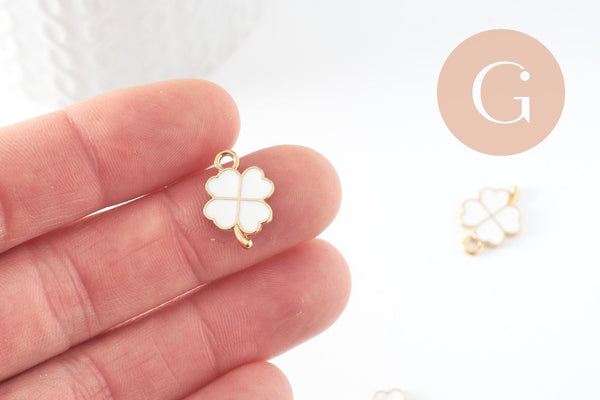 Pendentif Trèfle à 4 feuille zamac doré émail blanc 18mm, x2 (G5497)