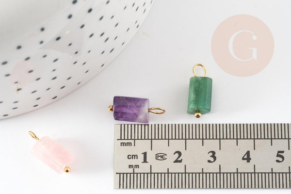 Pendentif Tube Colonne Pierre mixte naturelle acier doré 17~17,5mm, x1 (G8336)