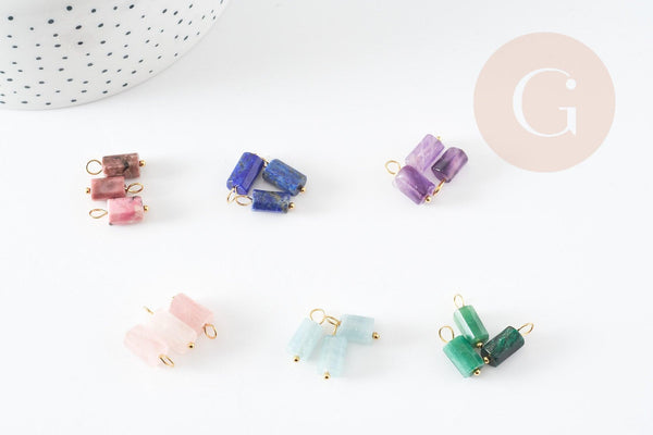 Pendentif Tube Colonne Pierre mixte naturelle acier doré 17~17,5mm, x1 (G8336)