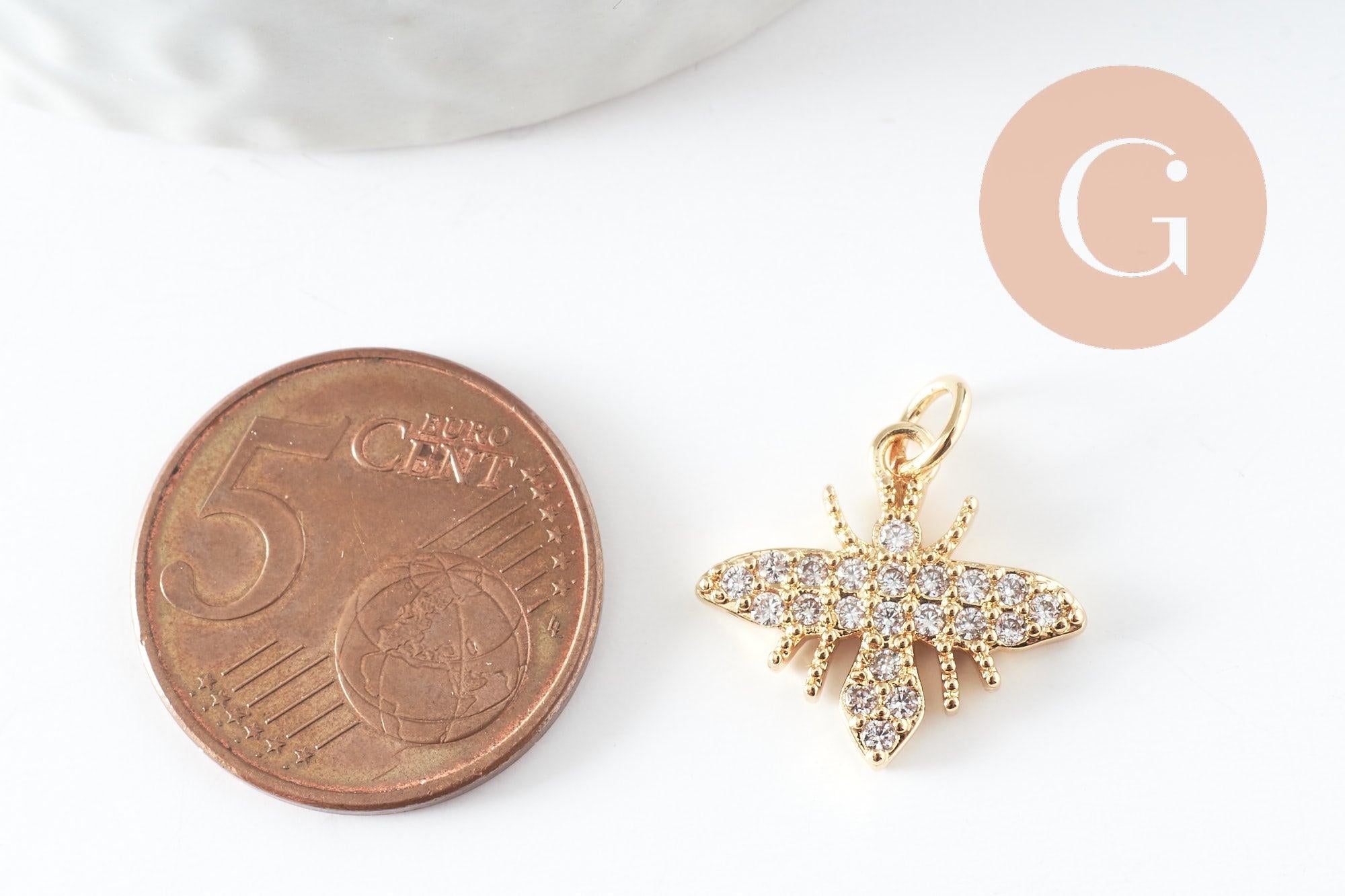 Pendentif abeille laiton doré zircons, fournitures pour bijoux, bijou laiton,pendentif laiton brut,17mm, x1 (G3332)