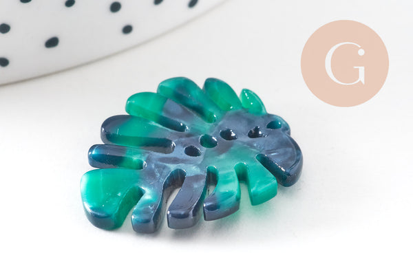 Pendentif acétate feuille monsterosa verte, perles plastique,connecteur feuille plastique 27mm, x2 (G5067)