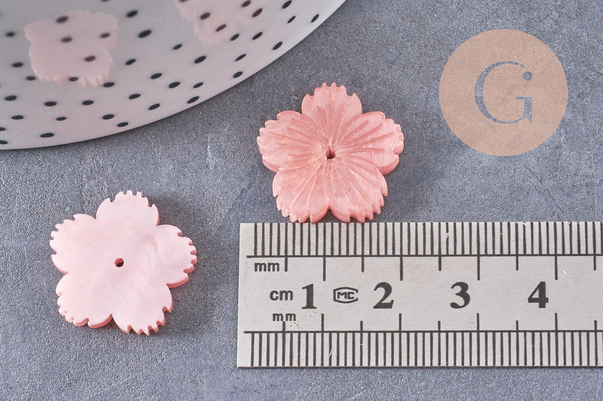 Pendentif acétate fleur rose paillettes,perles plastique,bijou fleur plastique, 20mm x5 (G4013)