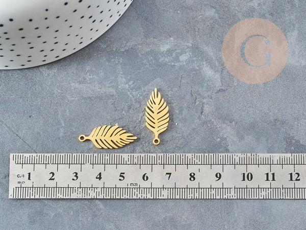 Pendentif acier 201 inoxydable doré feuille 25mm ,breloque acier inoxydable pour création bijoux, x1 (G5728)