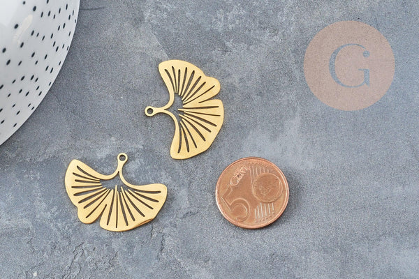 Pendentif acier 304 inoxydable doré feuille gingko 23mm, x1 (G6129)