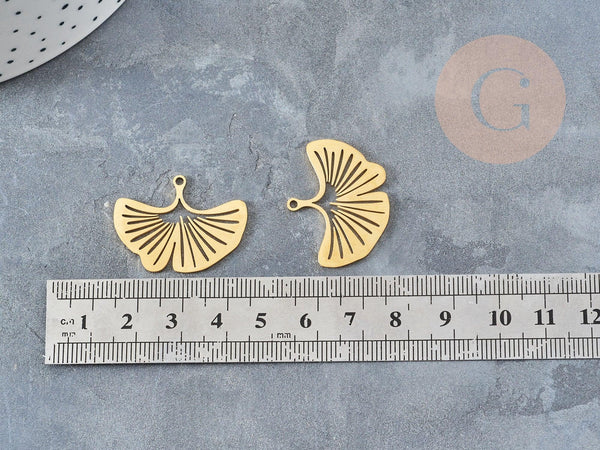 Pendentif acier 304 inoxydable doré feuille gingko 23mm, x1 (G6129)