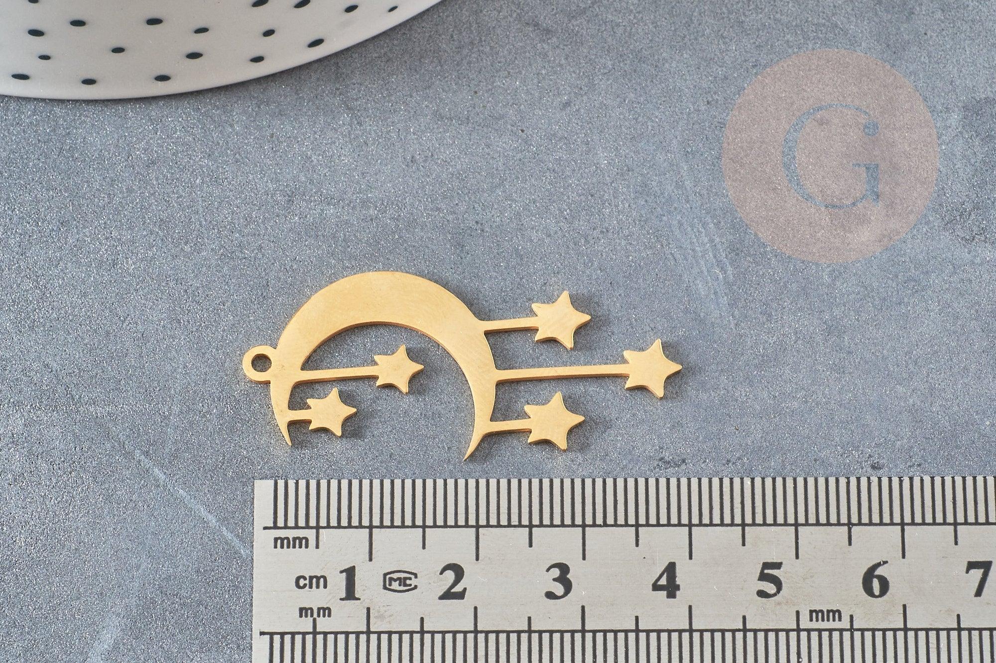Pendentif acier 304 inoxydable doré lune et étoiles 41.5mm, x1 (G6153)