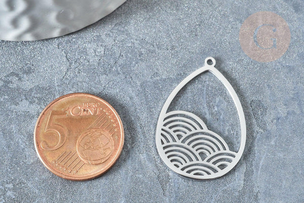 Pendentif acier argenté goutte de pluie 30mm, bijoux acier inoxydable sans nickel, x1 G7612