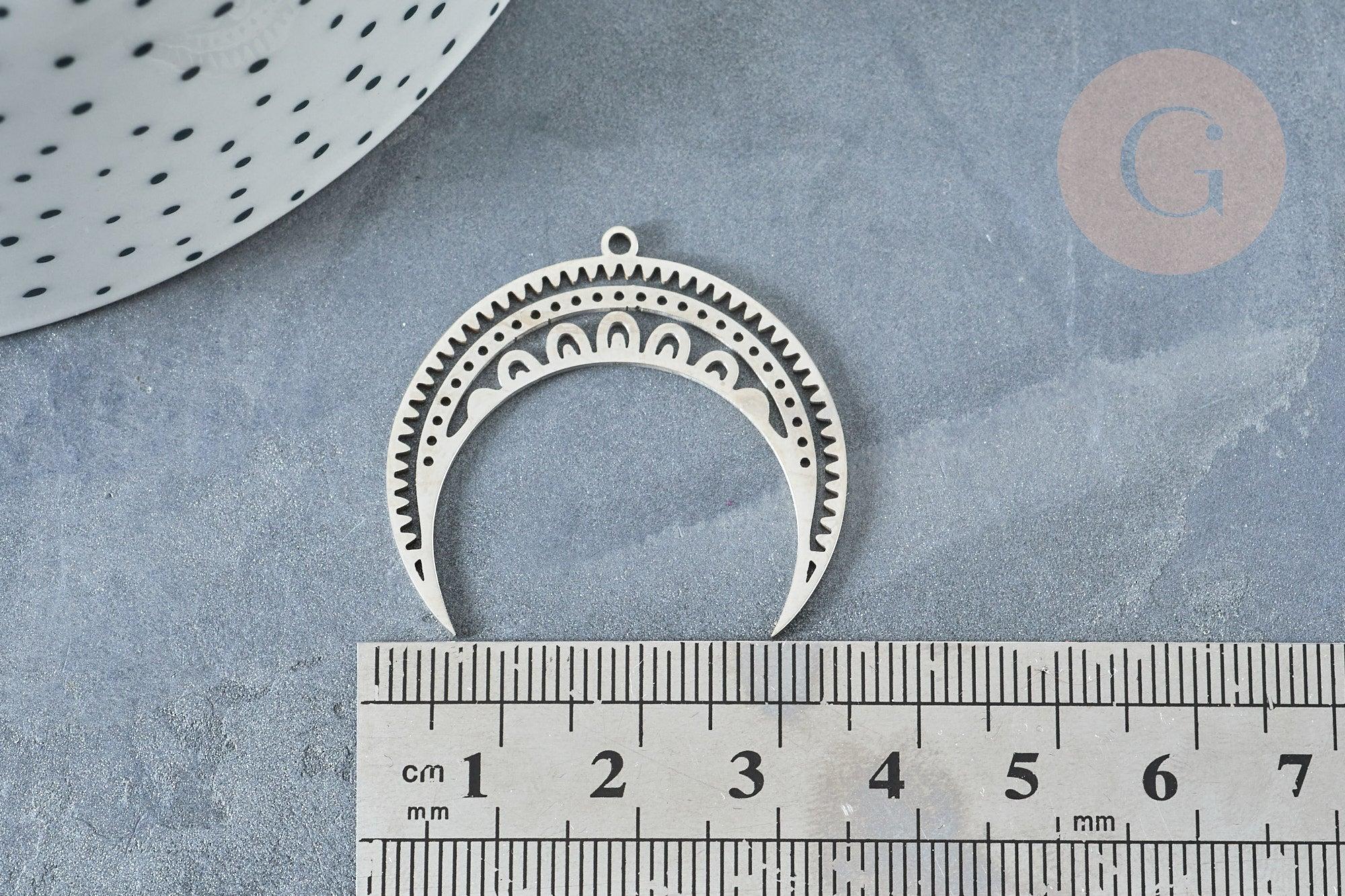 Pendentif acier argenté lune et étoiles 31mm, x1 (G8189)